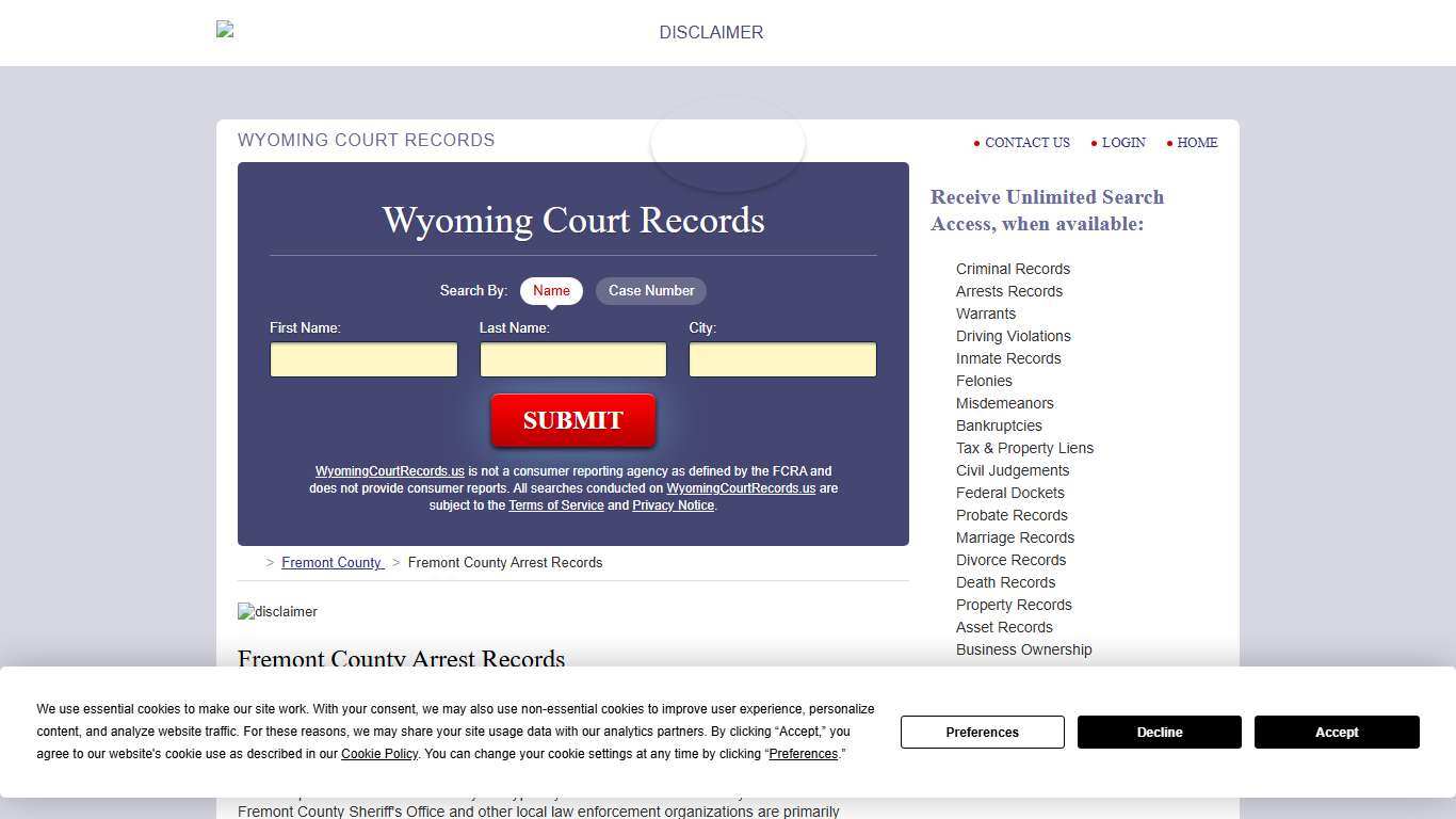 Fremont County Arrest Records WyomingCourtRecords.us